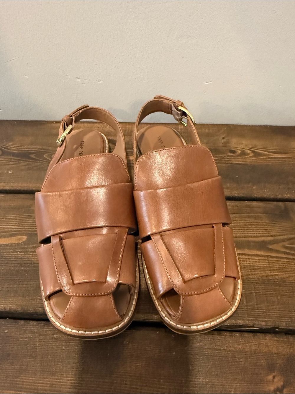 Free People Tan Leather Slingback Fisherman Sandals with Gold Buckle